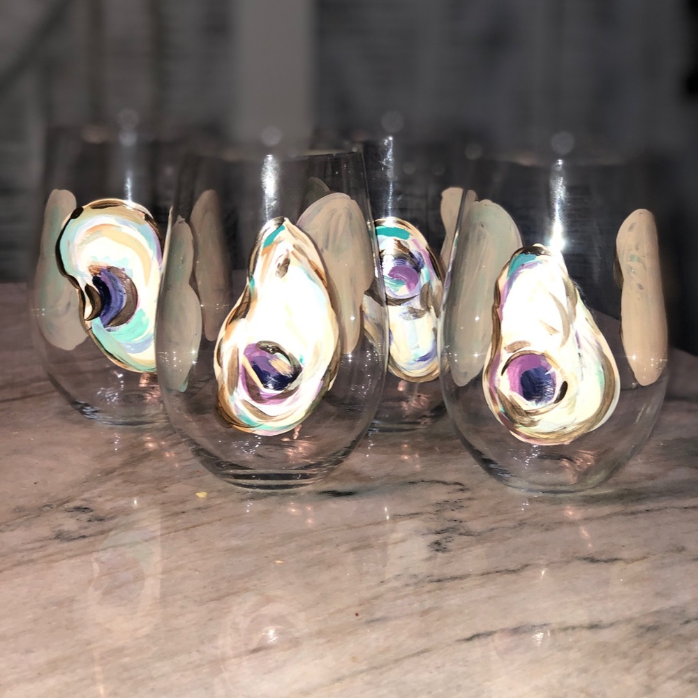 Hand painted Oyster Shell Stemless Wine Glasses